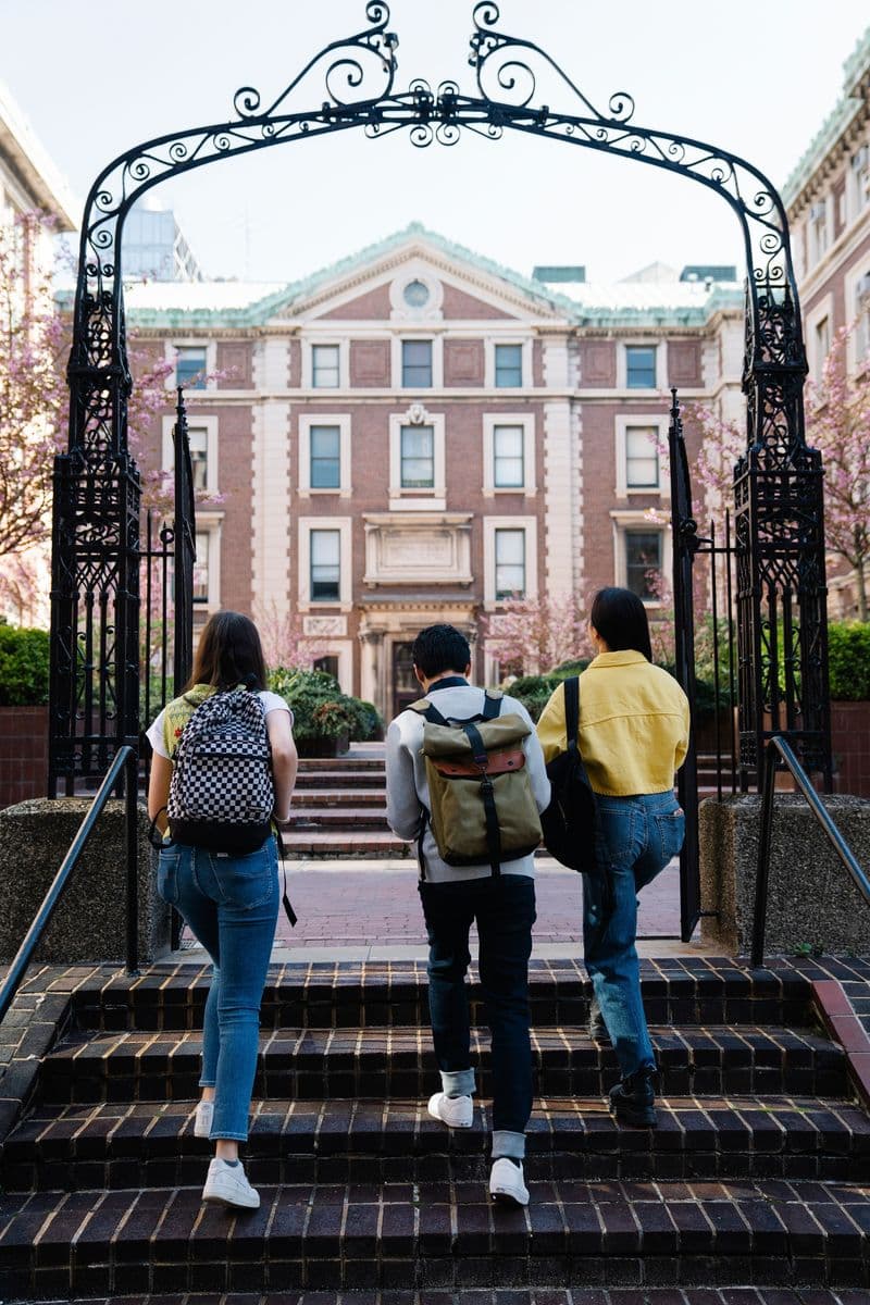 Three students climbing steps toward a brick hall through an iron gate