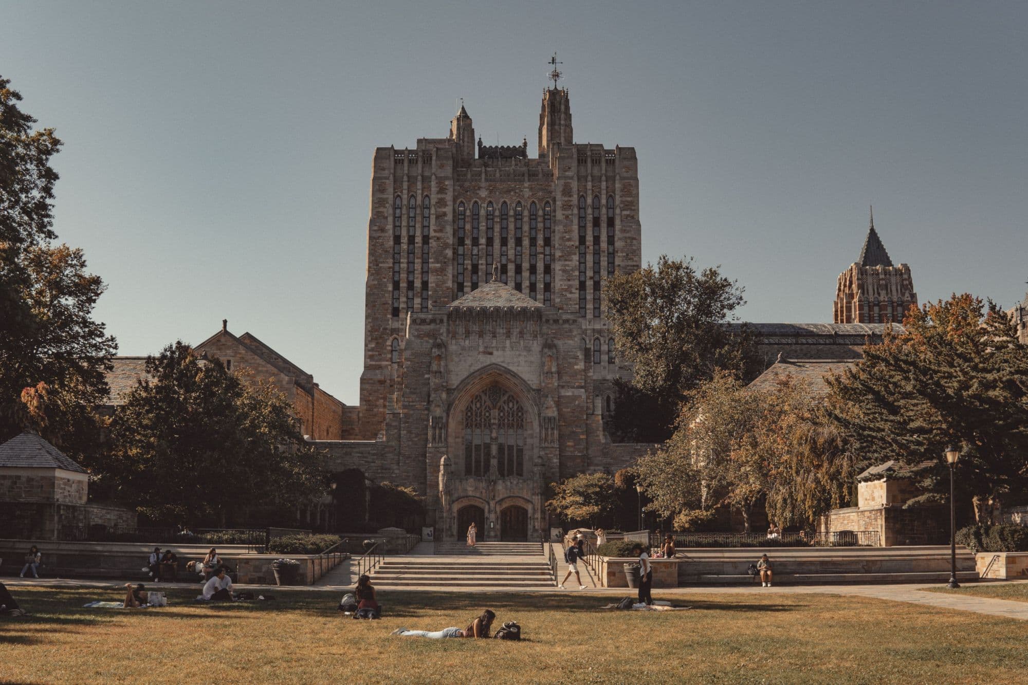 Sterling Memorial Library's tower on a Yale University quad